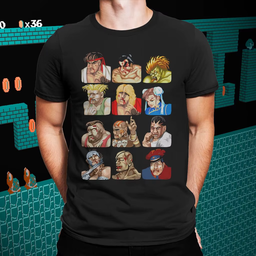 T-shirt Street Fighter II Defeated Characters, t-shirt rétro en coton à manches courtes avec impress