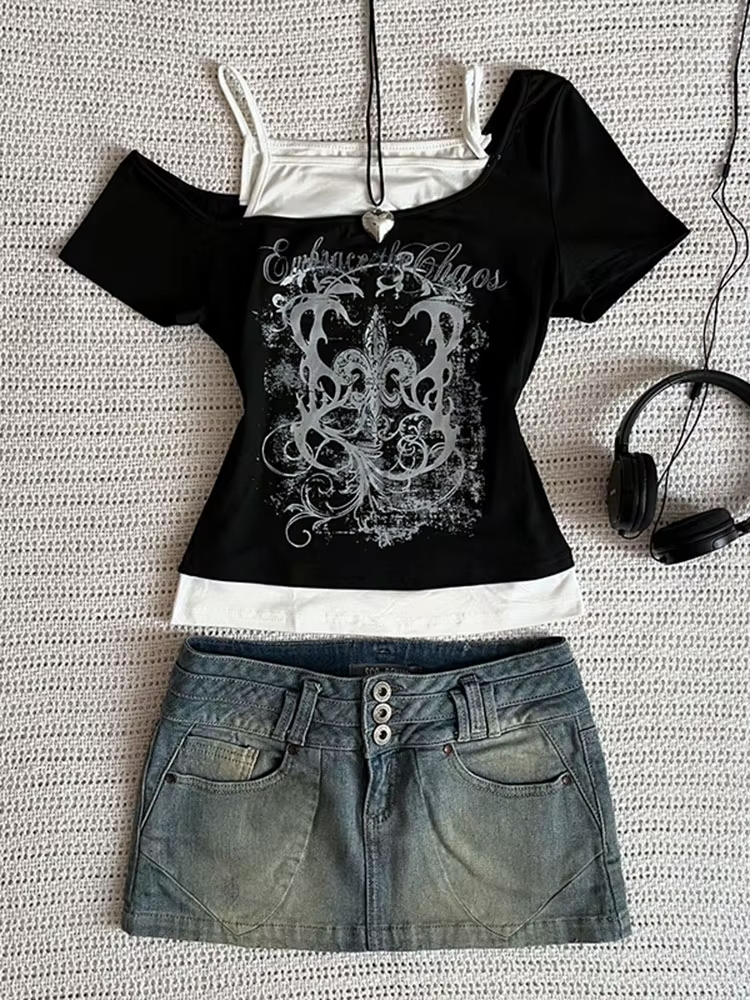 T-Shirt Punk Vintage des années 90 pour femmes, Streetwear d'été, Sexy, manches courtes, gothique, S