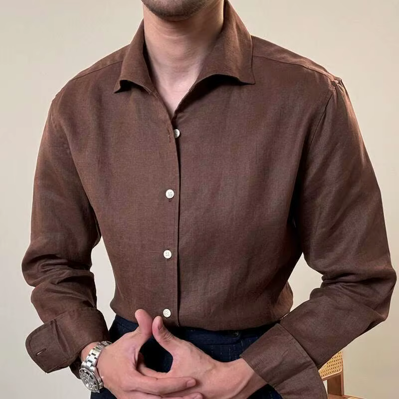 Chemise à manches longues en lin pour hommes, col italien, chemise d'affaires décontractée, robe soc