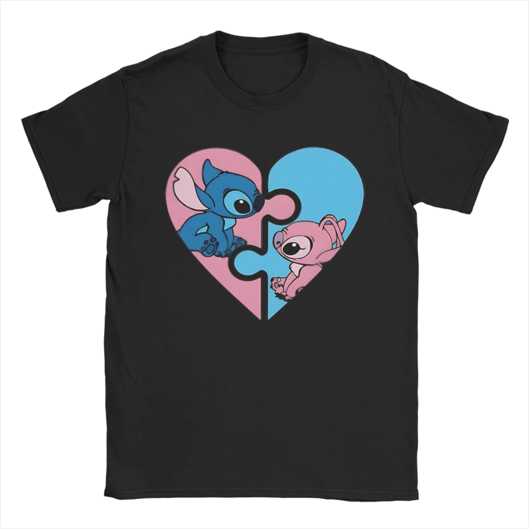 T-shirt pour homme en pur coton, col rond, manches courtes, motif cœur puzzle couple extraterrestre