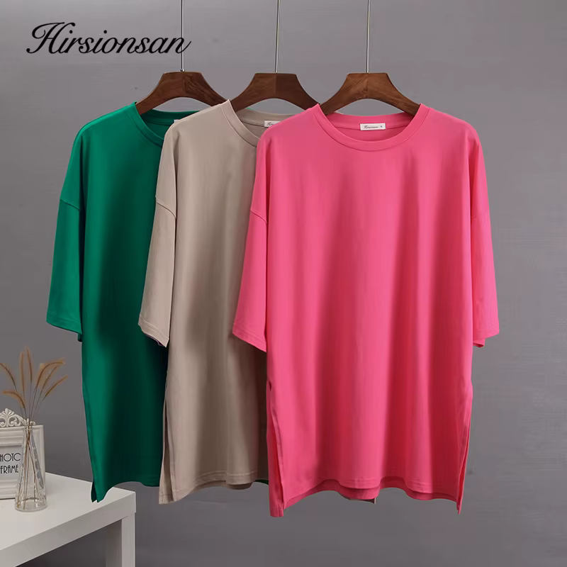 Hirsionsan été surdimensionné coton t-shirt femmes 2023 nouveau ample solide fendu t-shirts décontra