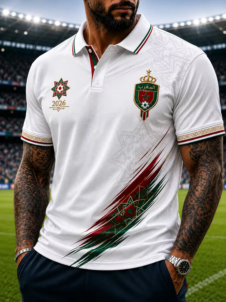 Polo de football marocain modèle 2026 - Impression 3D - Confortable et respirant - Convient aux homm