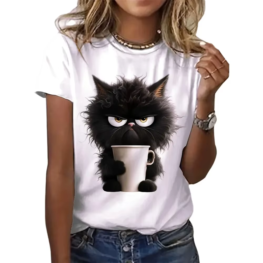 T-shirt manches courtes col rond femme, estival et décontracté, avec chat drôle, blanc imprimé