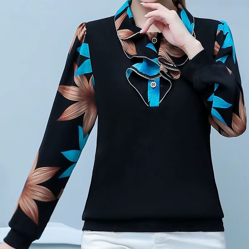 T-shirt à volants imprimé floral pour femme, pulls à manches longues, col à volants, bouton chic épi