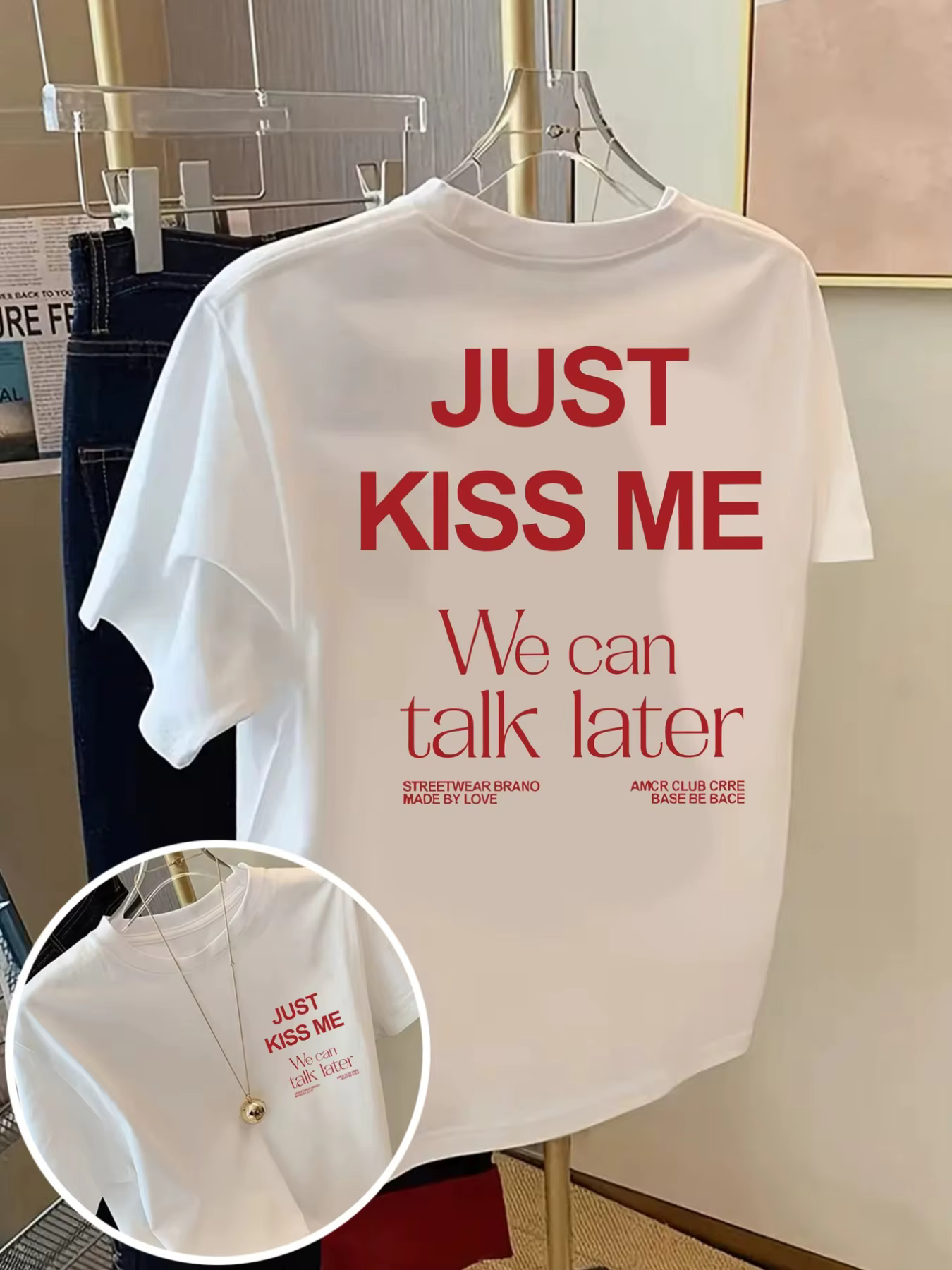 T-shirt imprimé « KISS ME We Can Talk Later » à manches courtes et col rond, haut décontracté pour l