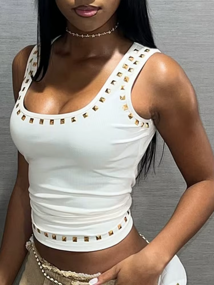 Débardeur à rivets blanc pour femmes, vêtements taglients, accessoires Y2k, col carré, Camison Veran