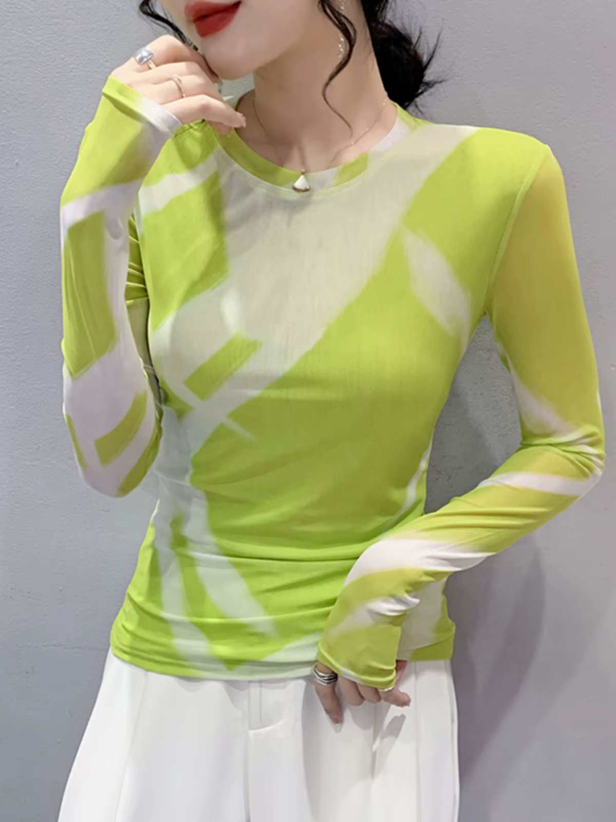 T-shirt imprimé à manches longues et col rond pour femmes, Économie en maille double couche, Slim, A