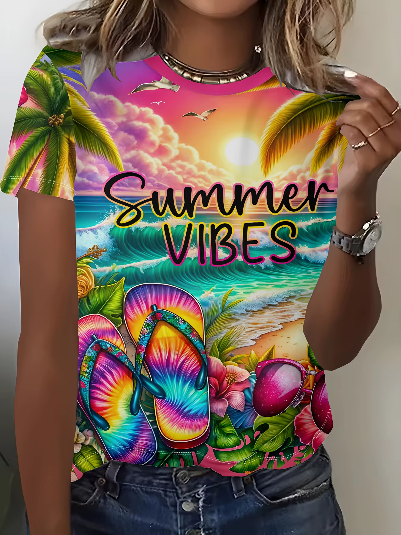 T-shirt vibrant pour femme - Motif graphique de plage « Summer Vibes », coucher de soleil tropical e