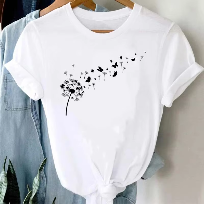 T-shirt à manches courtes pour femme avec imprimé graphique de pissenlit, vêtements imprimés pour fe