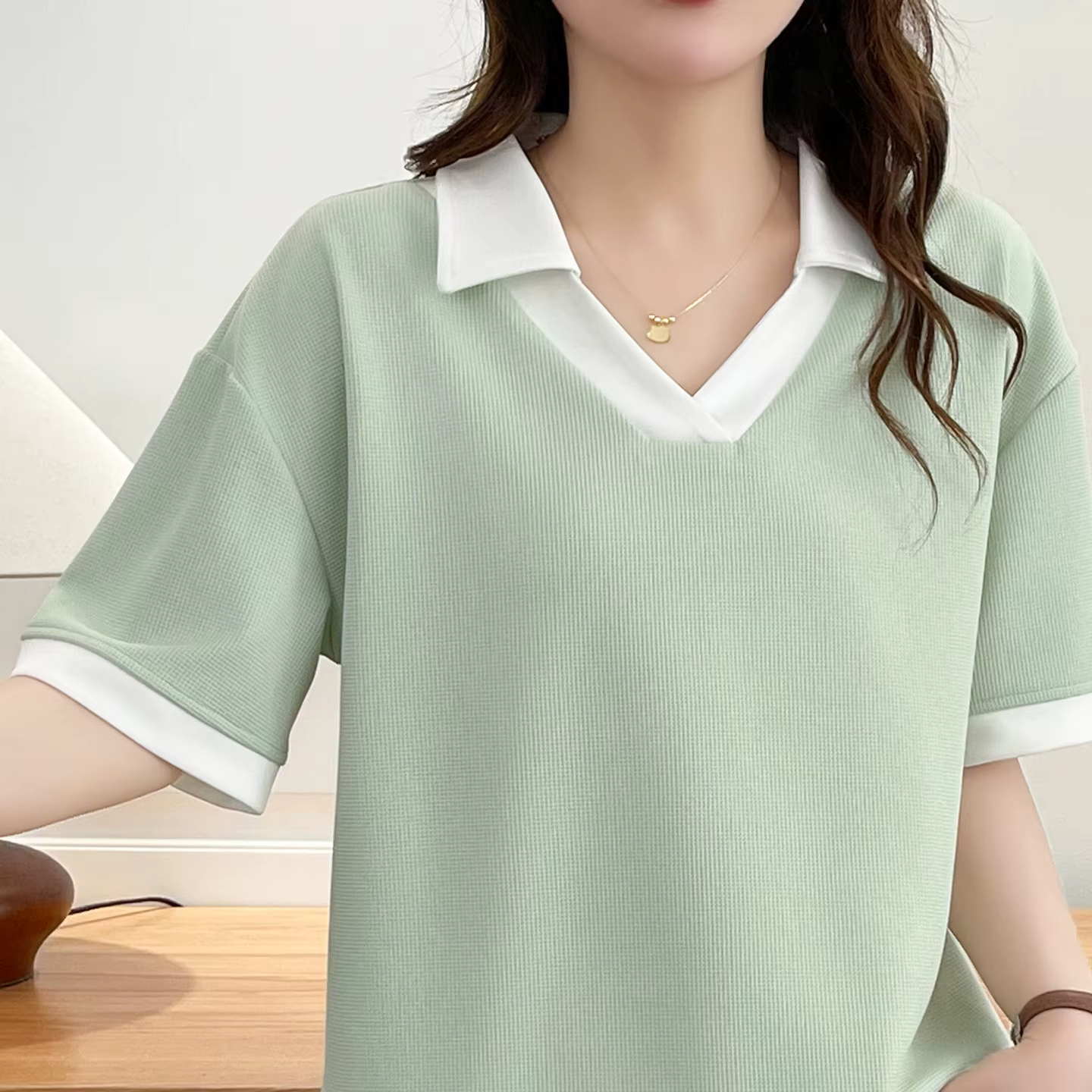 T-shirt décontracté à col polo et blocs de couleur pour femme grande taille, manches courtes, été 20