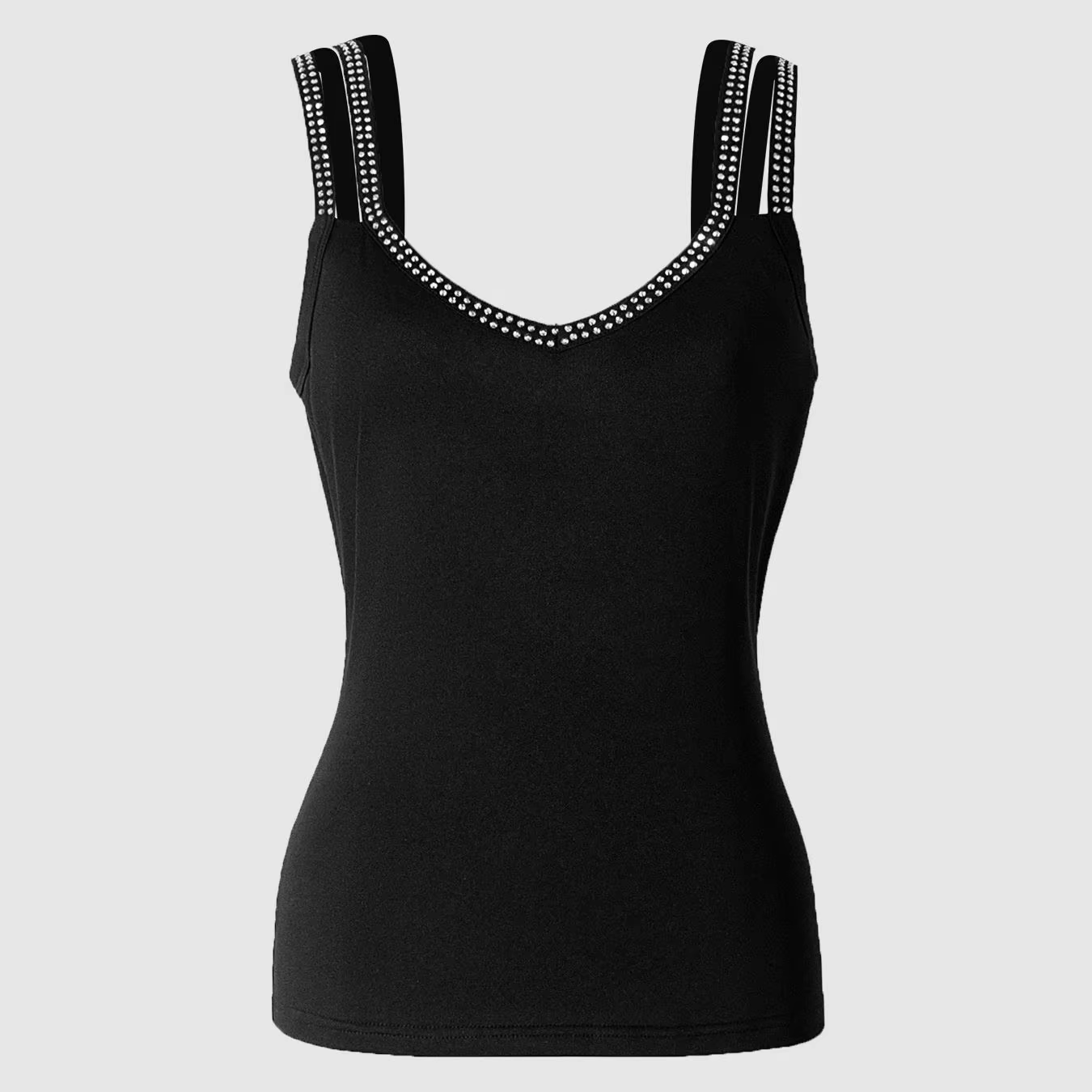 Débardeur Femme Chic à Strass Col V Double Bretelles, Haut Cami Clouté pour Tenue Décontractée Quoti
