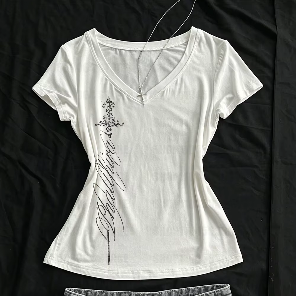 T-shirts pour femmes, col en V, coupe slim, imprimé vintage, élégant, grunge, gothique, esthétique Y