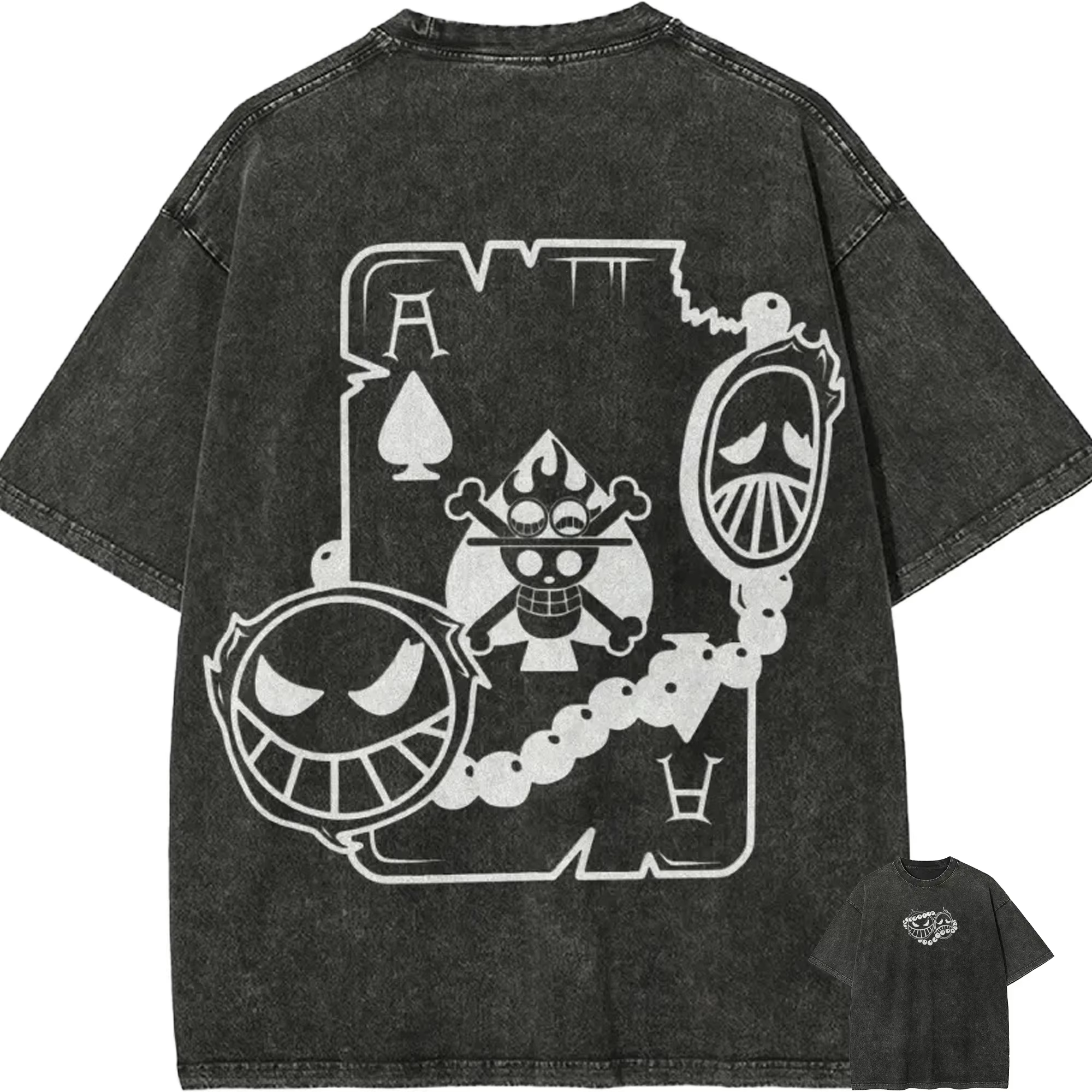 T-shirt Homme Ace Effet Délavé Acide, Motif Anime Pouce de l'Épée, Style Vintage Streetwear, avec Ba