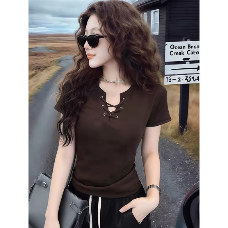 T-shirt rétro américain marron à manches courtes pour femme, coupe ajustée, tendance, décontracté, e