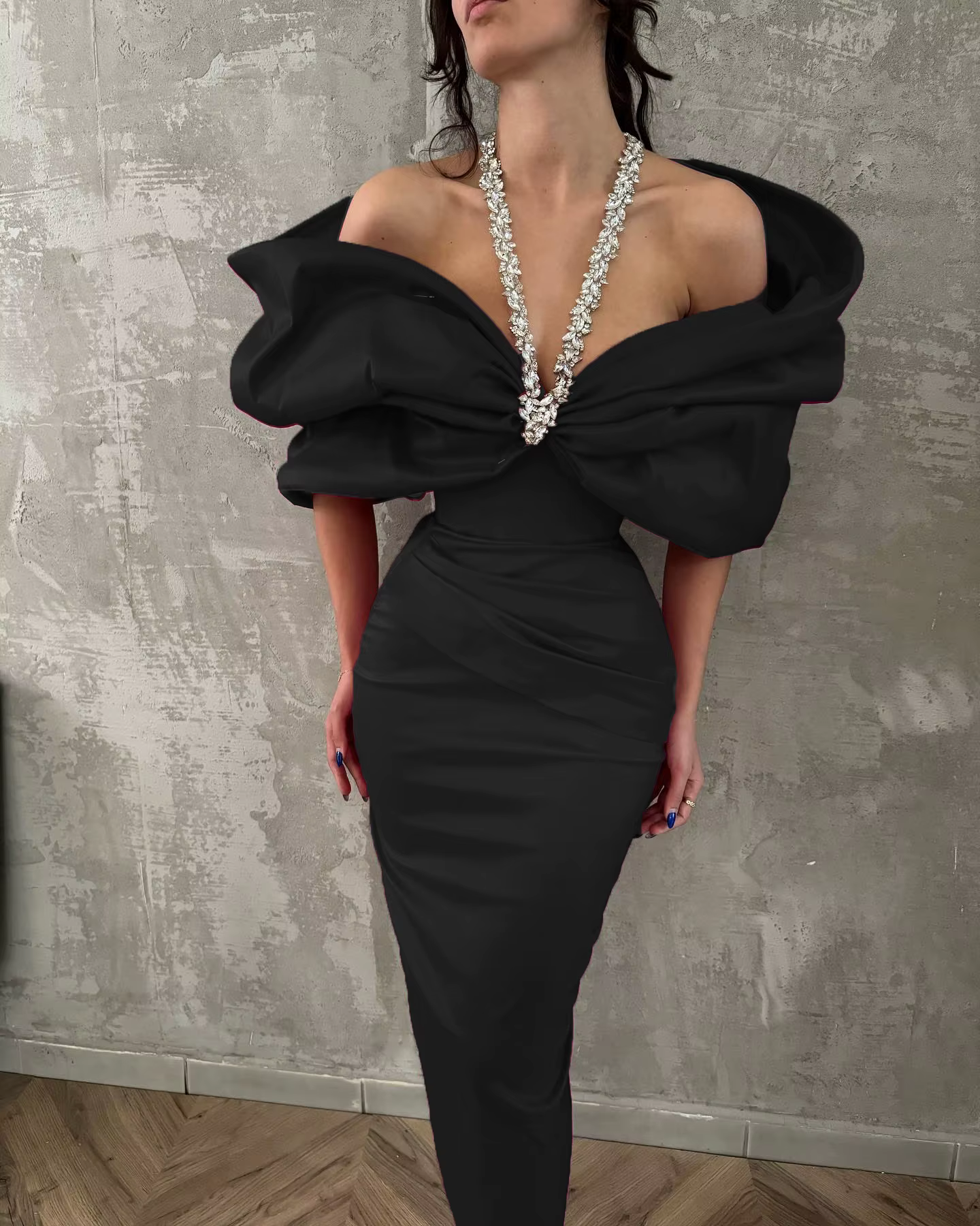Rouge noir femmes Sexy licou hors de l'épaule cristal volants moulante longue robe de pansement disc