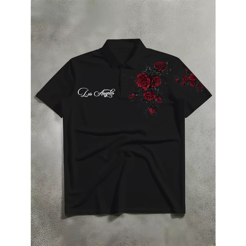 Polo à manches courtes pour homme avec imprimé de roses rouges et de épines, tendance décontractée, 