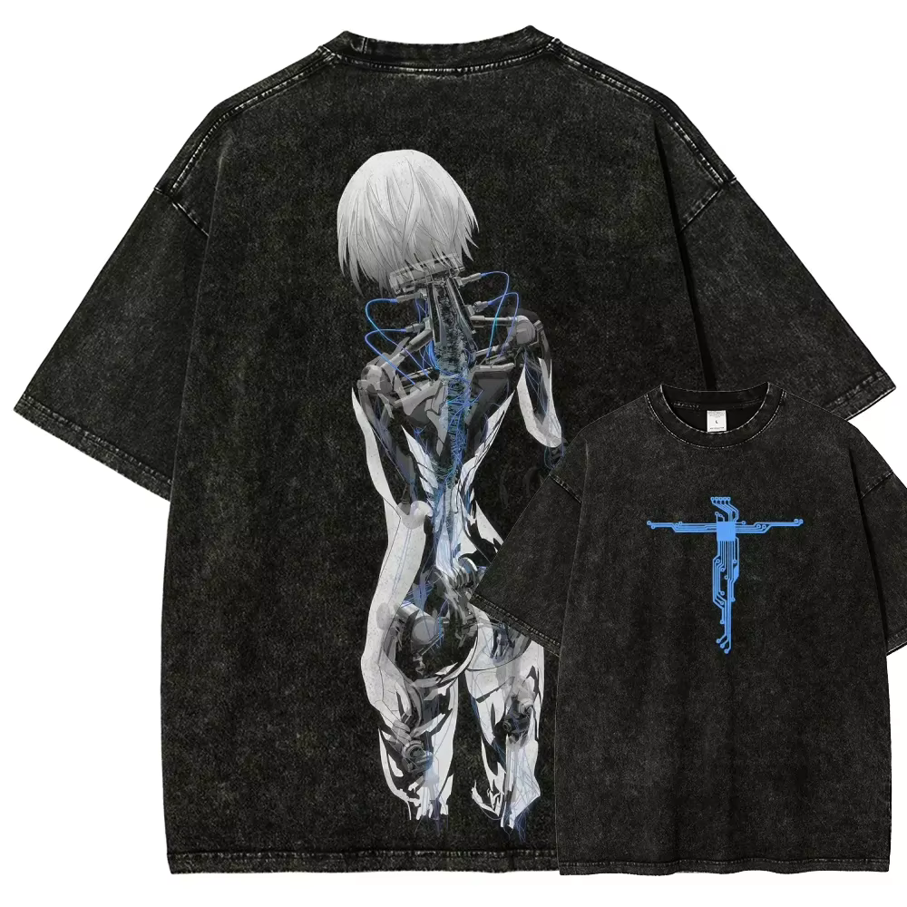 T-shirt imprimé graphique style punk classique Ghost in the Shell pour hommes et femmes, coton délav