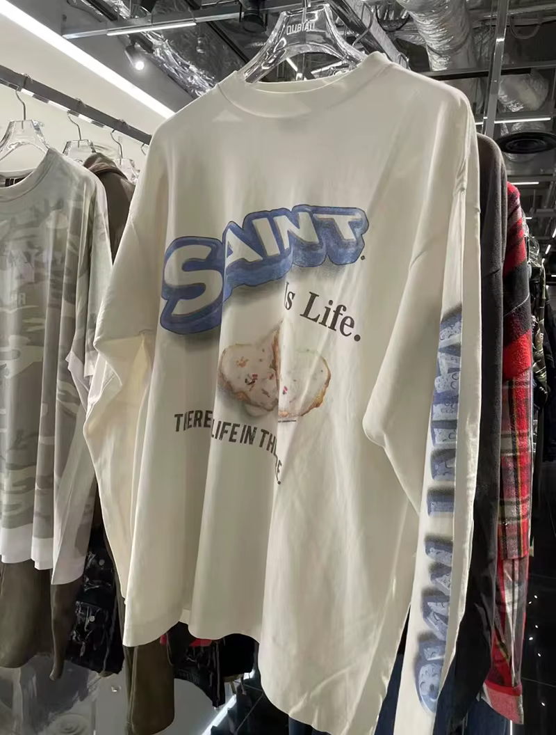 Nouveau Streetwear SAINT à manches longues t-shirt hommes femme lavé faire vieux endommagé mode col 