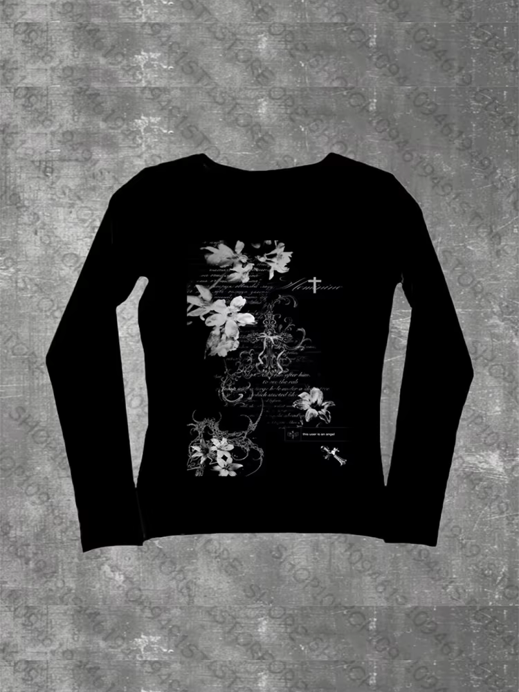 T-shirts à manches longues pour femmes, Slim et Sexy, graphiques de fleurs Harajuku, Style Y2k, Vint