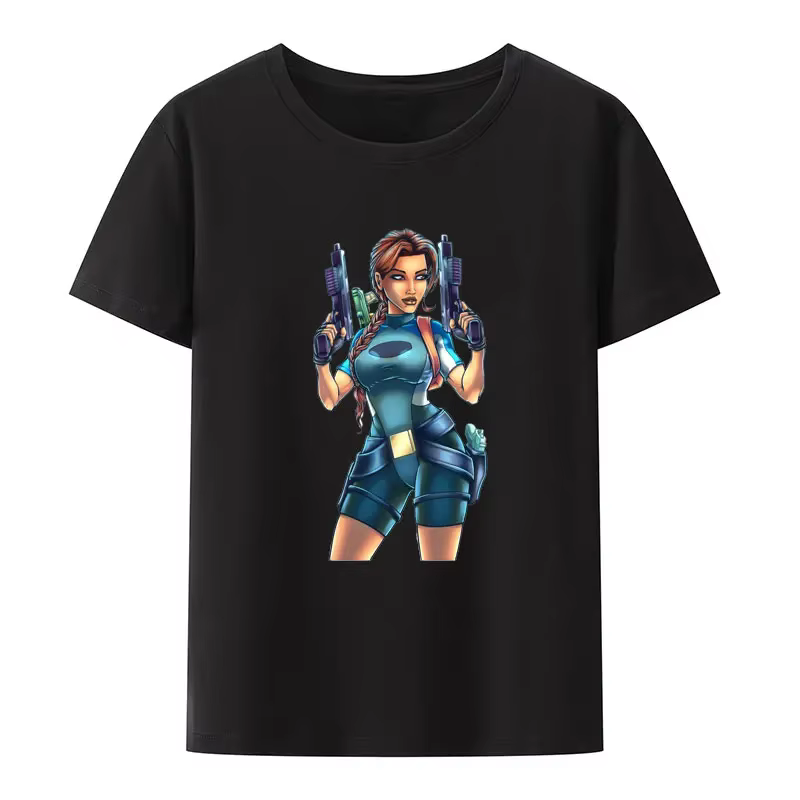 Tomb Raider Lara Croft noir blanc imprimé t-shirt hommes femmes à manches courtes col rond mode Stre