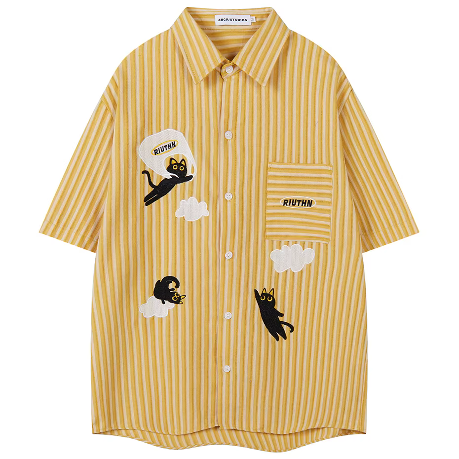 Chemises brodées avec motif de chat pour hommes, chemises rayées vintage, chemisiers boutonnés, chem