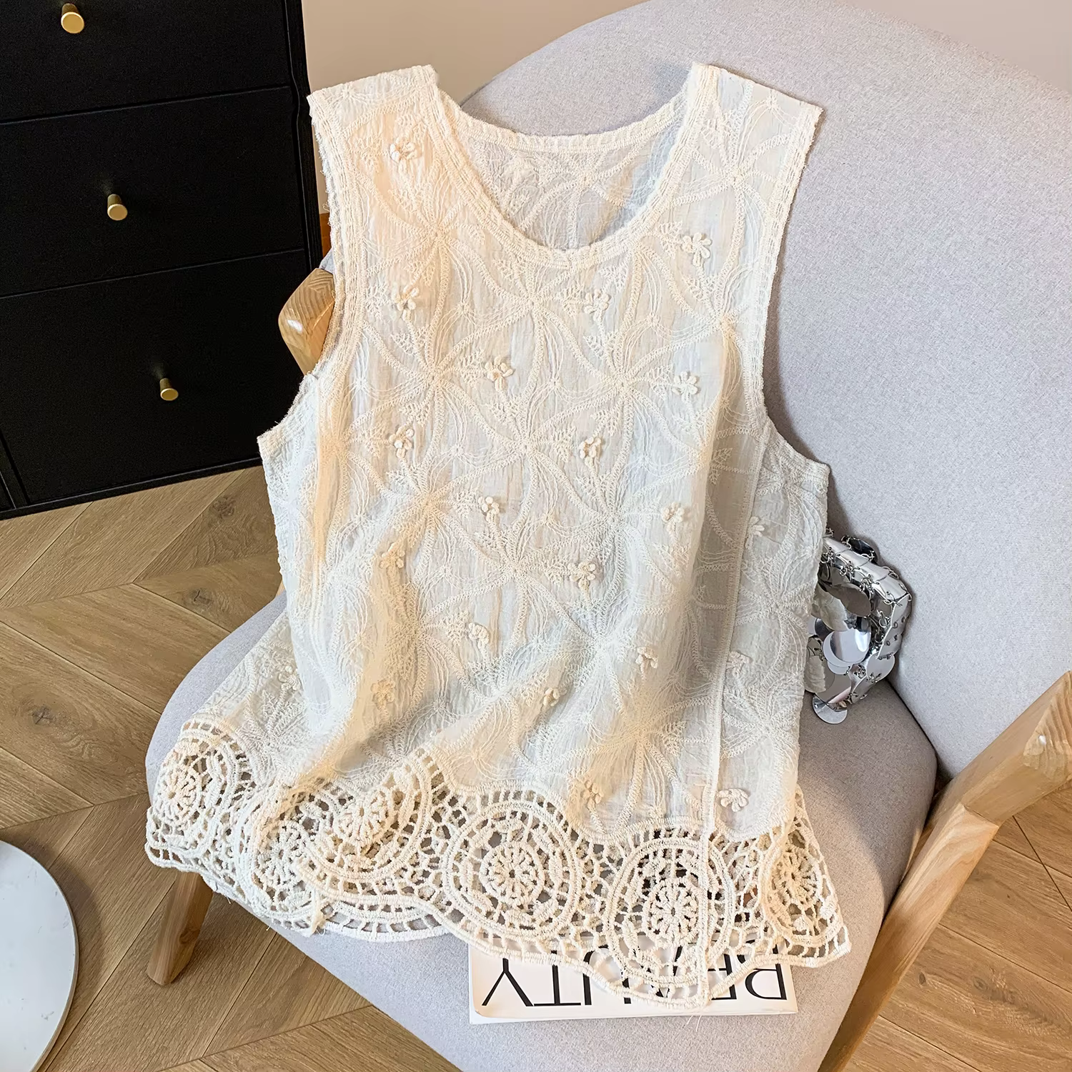 Débardeur en coton Jacquard brodé à col rond pour femmes, haut d'été sans manches, Beige et blanc av