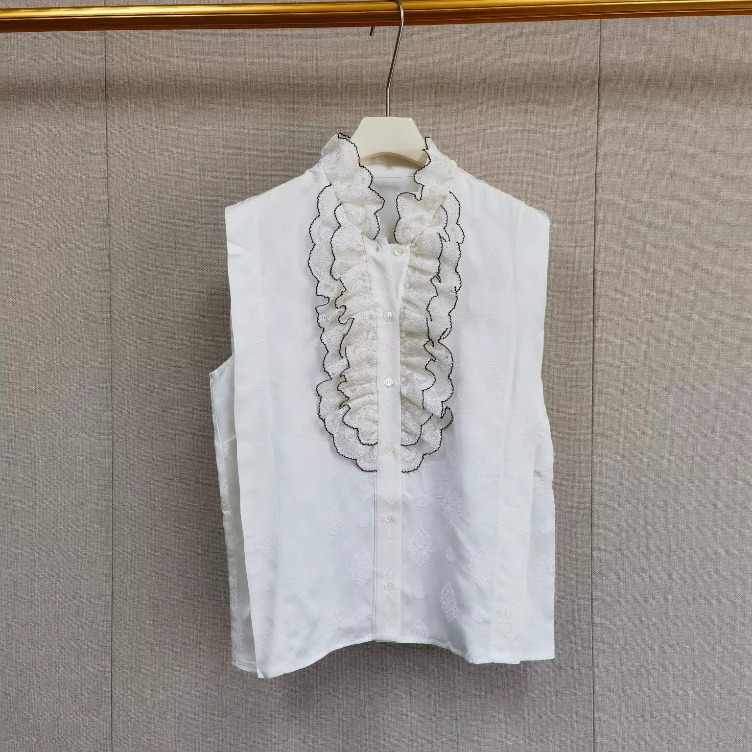Nouvelle chemise d'été sans manches à col montant pour femme, avec bord festonné et empiècements, co