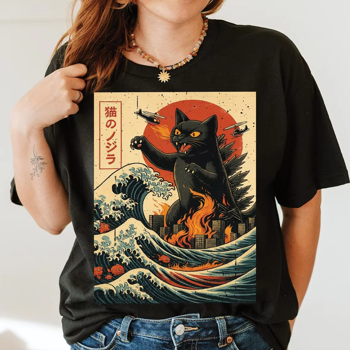 Chat japonais imprimé T-shirts femmes Manga graphique haut col en o Harajuku t-shirt femme vêtements
