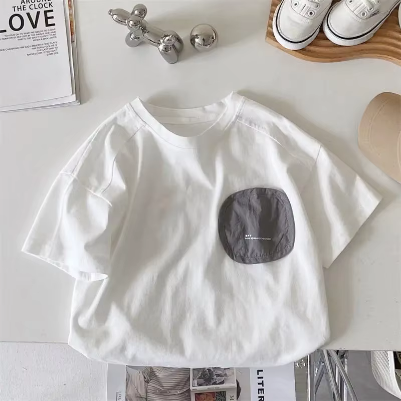 T-shirt à manches courtes pour garçons, été, enfants, col rond ample, blanc, hip-hop, décontracté, i