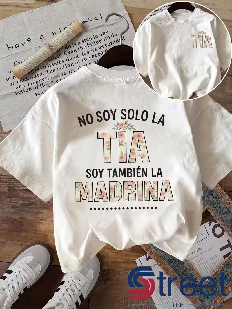 T-shirt pour femme à manches courtes, motif floral et lettres, style espagnol Tia Madrina, avec grap