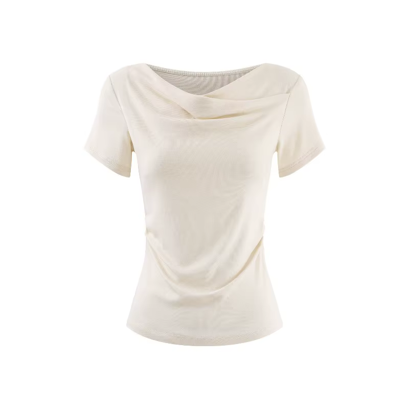 T-shirt drapé à col drapé pour femme, élégant, coupe ajustée, manches courtes, décontracté, extensib