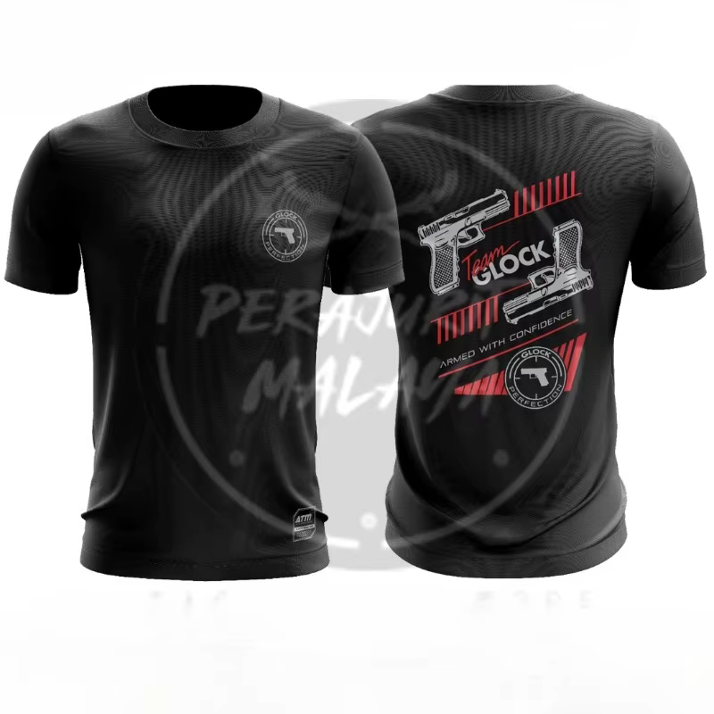 T-shirt à manches courtes pour homme 100% coton noir, logo tactique d'équipe de pistolets et impress