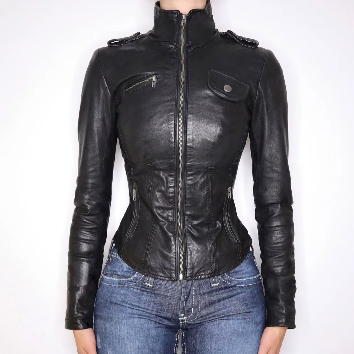 Veste en cuir Pu noir fermeture éclair col montant coupe ajustée Moto Biker veste Y2K Edgy décontrac