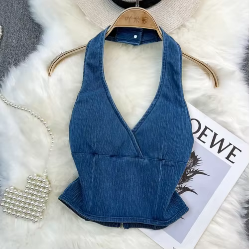 Précieux haut en jean pour femmes, épaules dénudées, dos nu, streetwear, été, col en v, mode, livrai