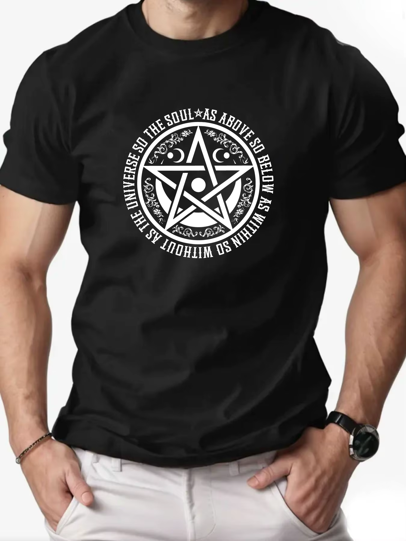 Hommes T-Shirt 100% coton pentagramme drôle graphique imprimé Streetwear col rond T-Shirt doux et re