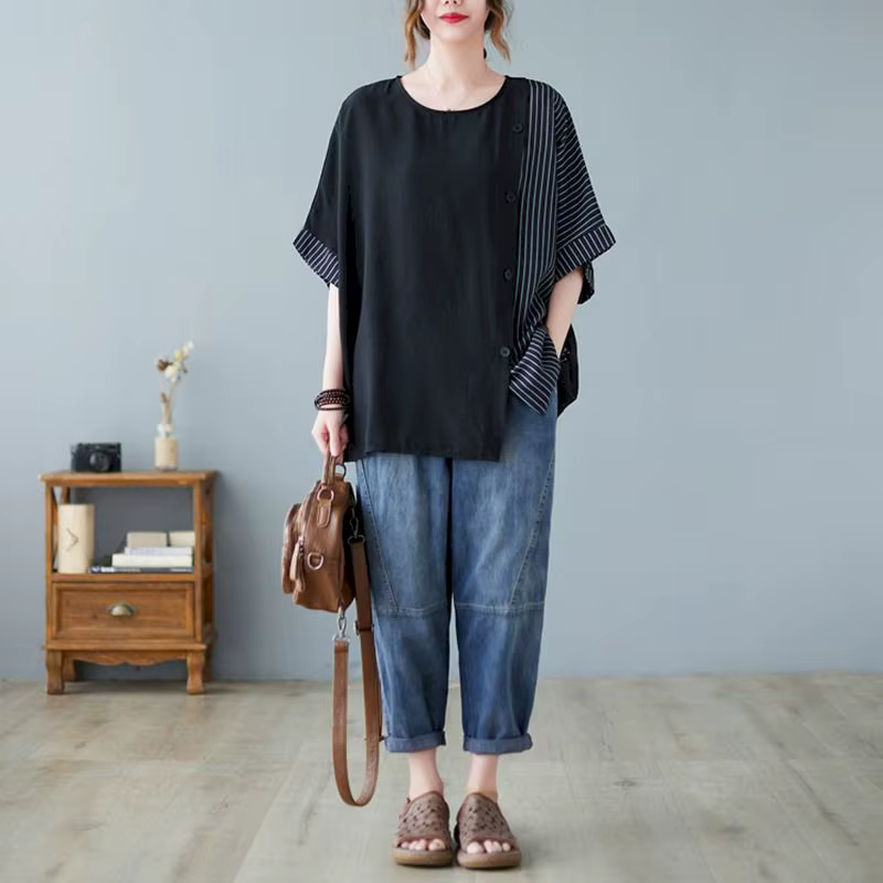 T-shirt à manches courtes en coton et lin pour femme, haut patchwork rayé, design boutonné, tendance