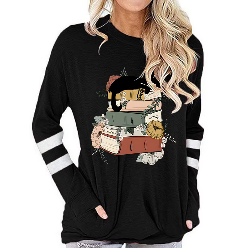 T-shirt à manches longues en coton pour femmes, Vintage chat avec livres imprimés, col rond, hauts d