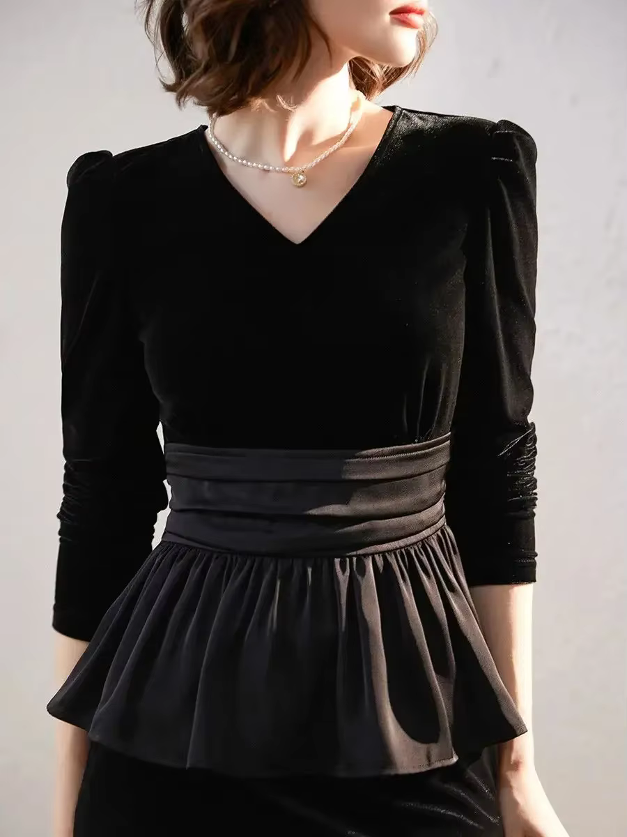Modiis Yao-Haut en velours vintage pour femme, col en V, chemise à manches longues, conception d'our