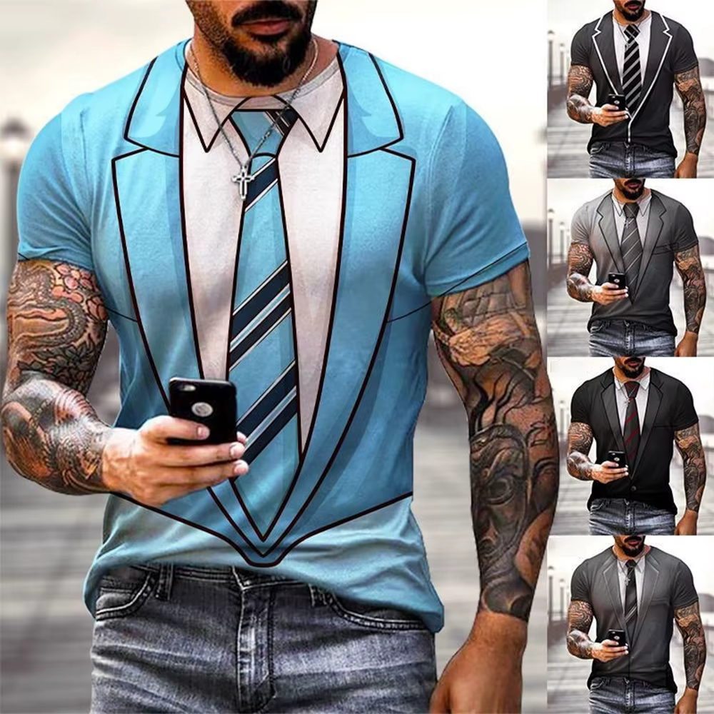 Mode d'été drôle faux costume 3D imprimé T-shirt manteau de queue cravate T-shirt hommes rue à manch