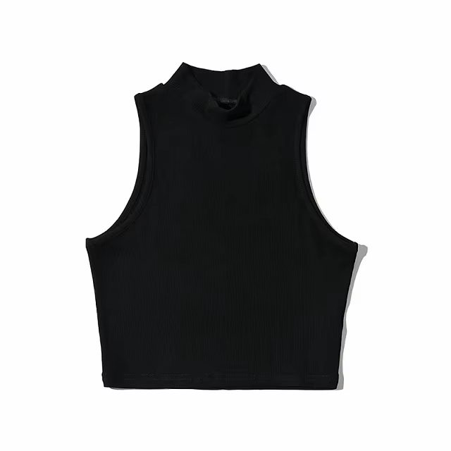 Haut court à col haut pour femme, noir, fibre précieuse, coupe respirante et confortable, mode estiv