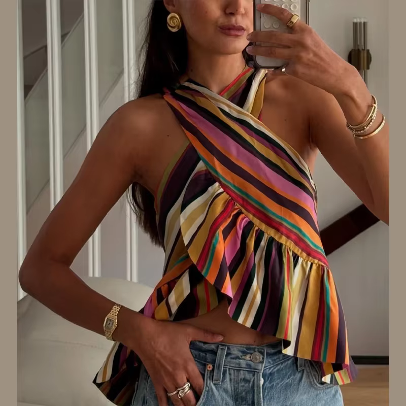 Haut court licou rayé pour femme, coloré, sans manches, dos nu, ourlet plissé, style plage, collecti