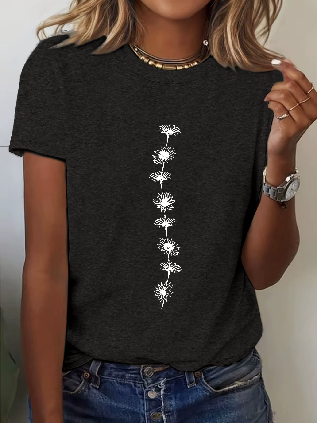 T-Shirt décontracté imprimé tournesol pour femmes, haut à manches courtes et col rond, parfait pour