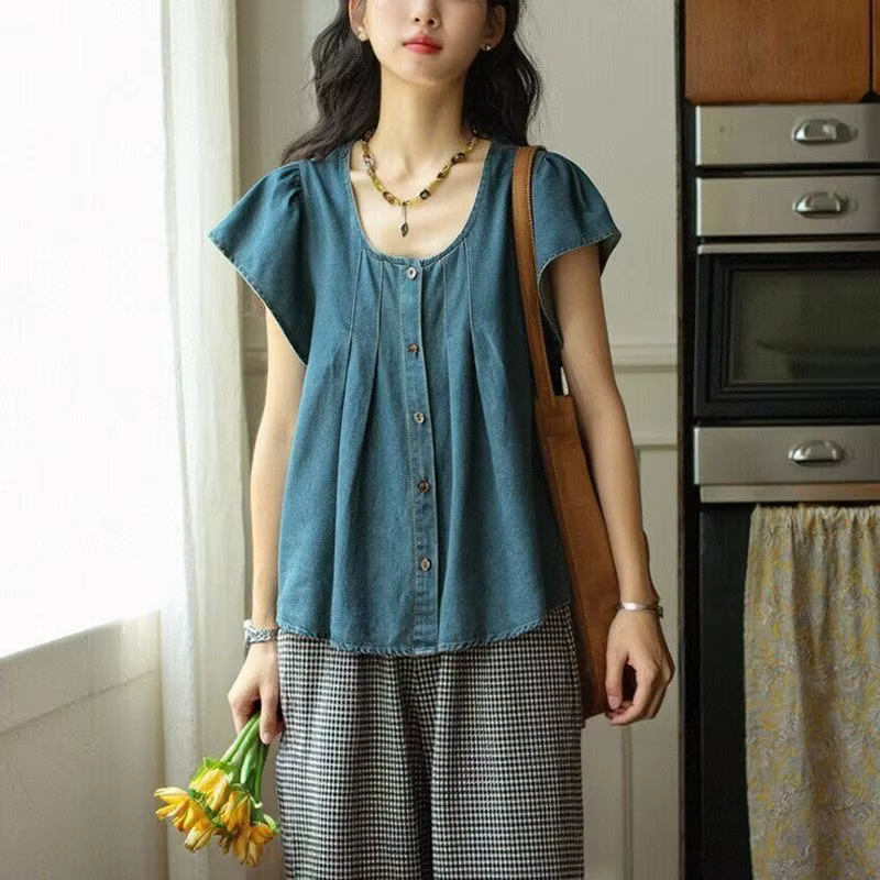 Chemise en jean japonaise à manches courtes pour femme, nouvelle collection été 2026, style décontra