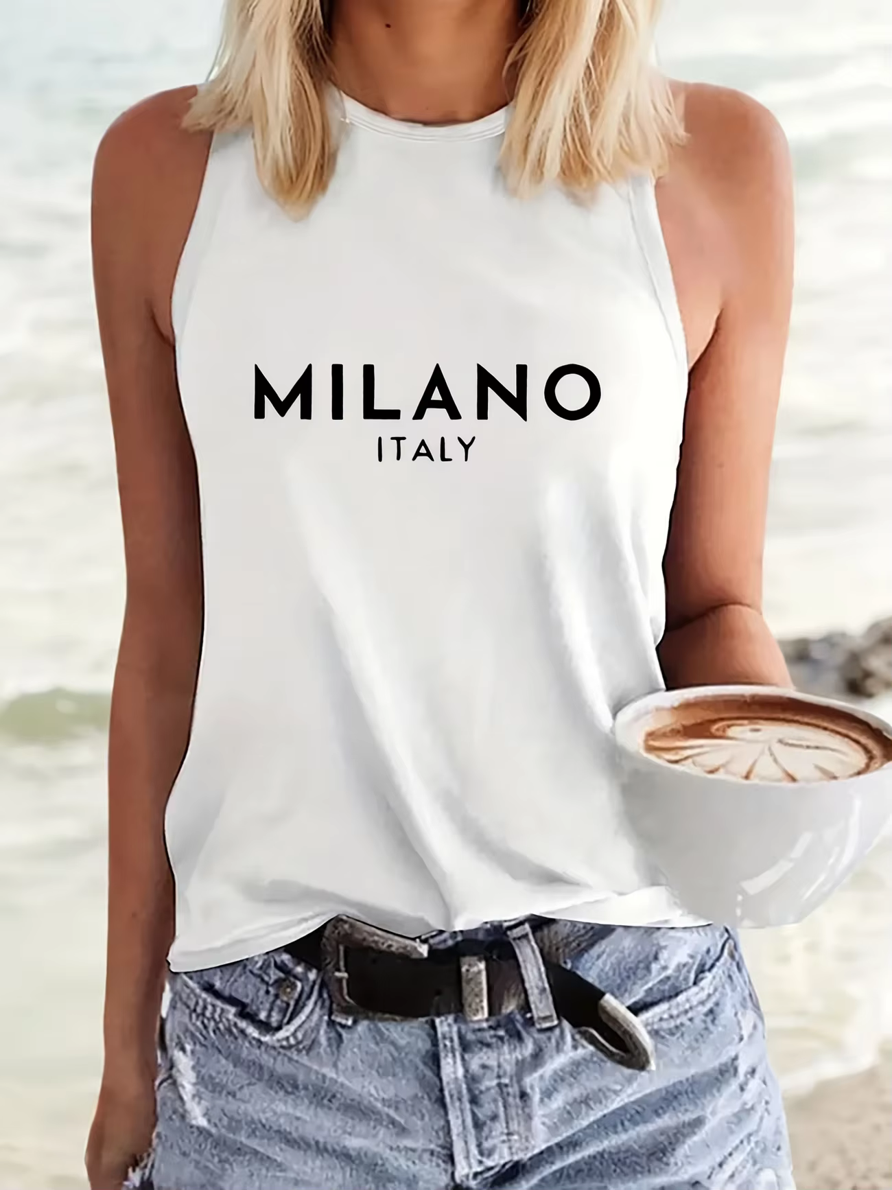 Milano Italie Design imprimé gilet T-shirt imprimé graphique débardeur femme sans manches col rond h