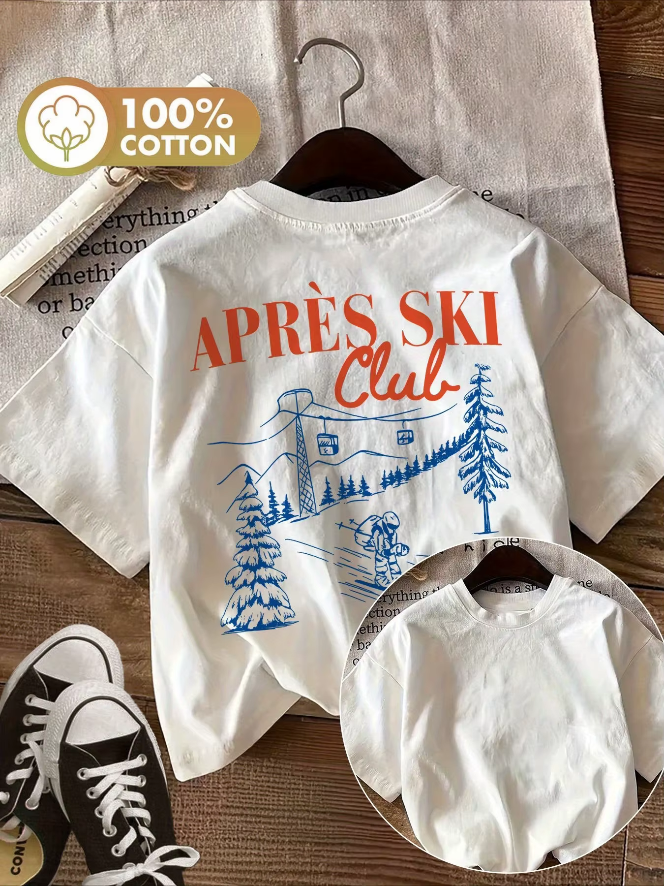 T-shirt de ski vintage pour femme en coton doux à manches courtes et col rond, motif graphique décon