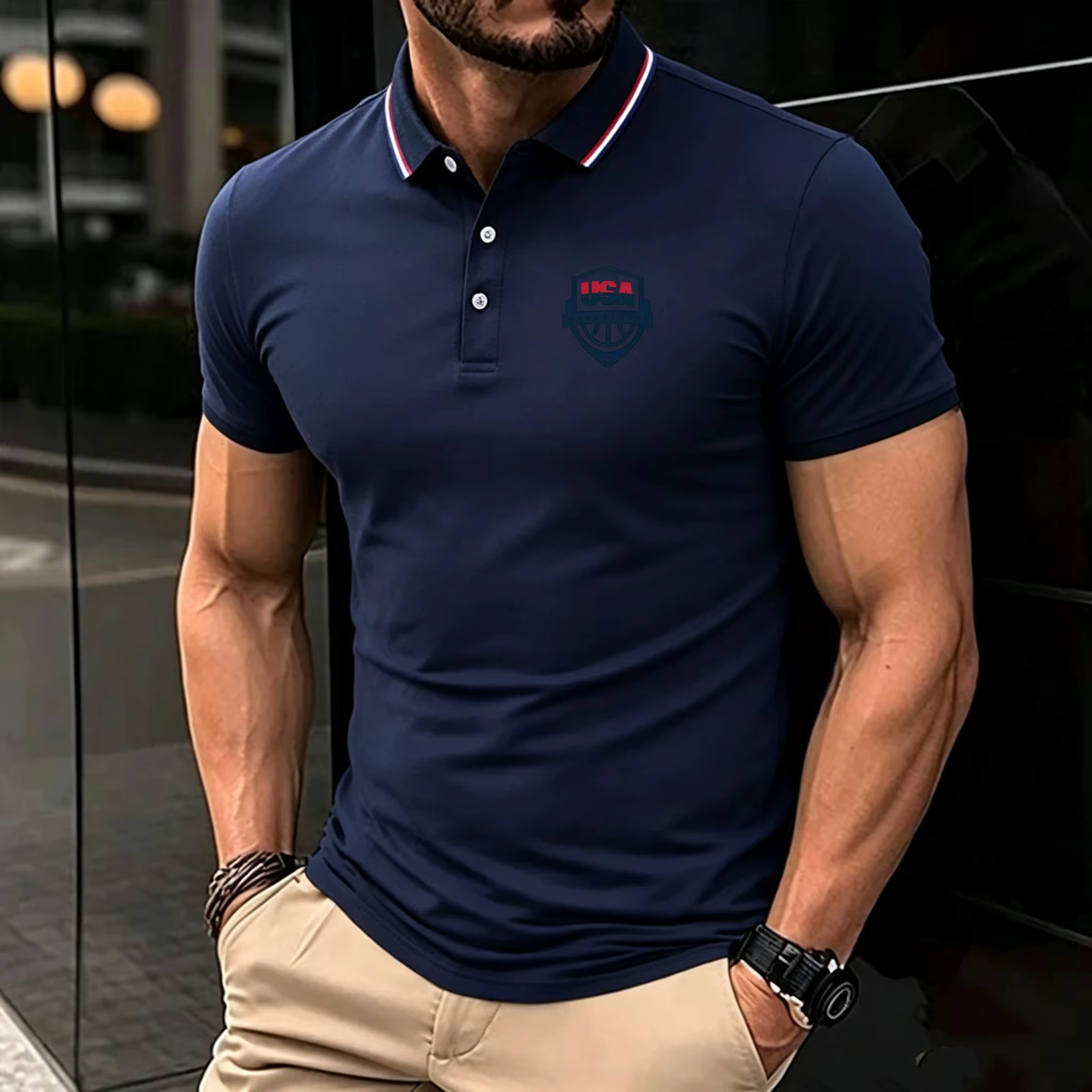 Chemises polo pour hommes, respirantes, à imprimé badge de basket-ball, col rayé, coupe slim, manche