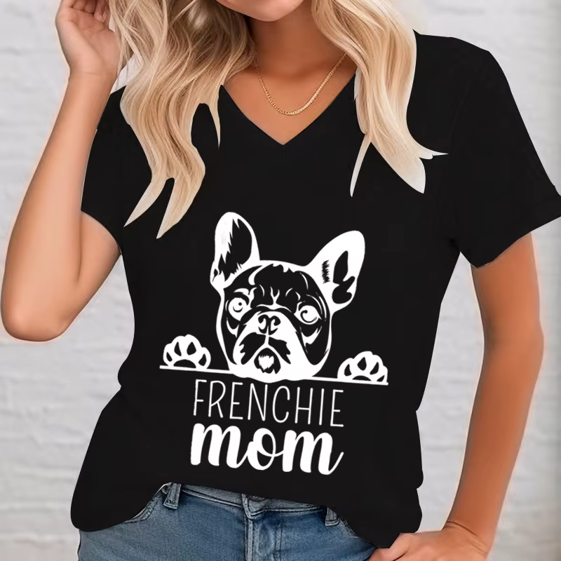 T-shirt graphique à col en V pour femme, chemise pour amoureux des animaux, chemise pour bouledogue 