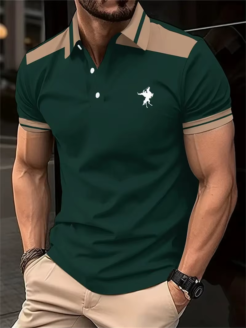 Polo à manches courtes pour hommes, à rayures simples, avec image de cheval, mode d'été, imprimé en