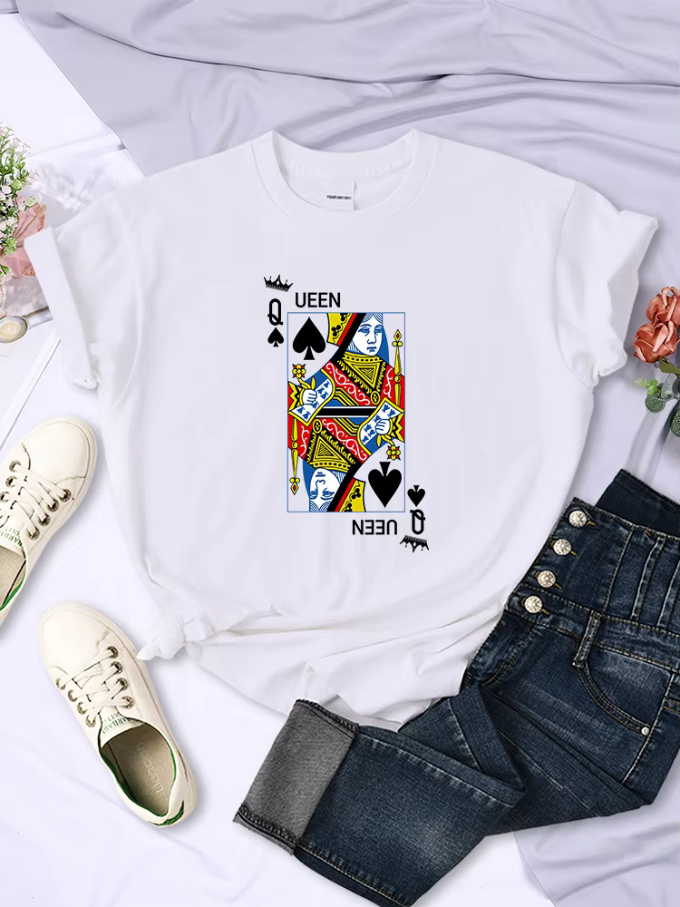 T-shirt à manches courtes imprimé cartes de poker Queen Of Spades Q pour femmes, décontracté, Kawaii