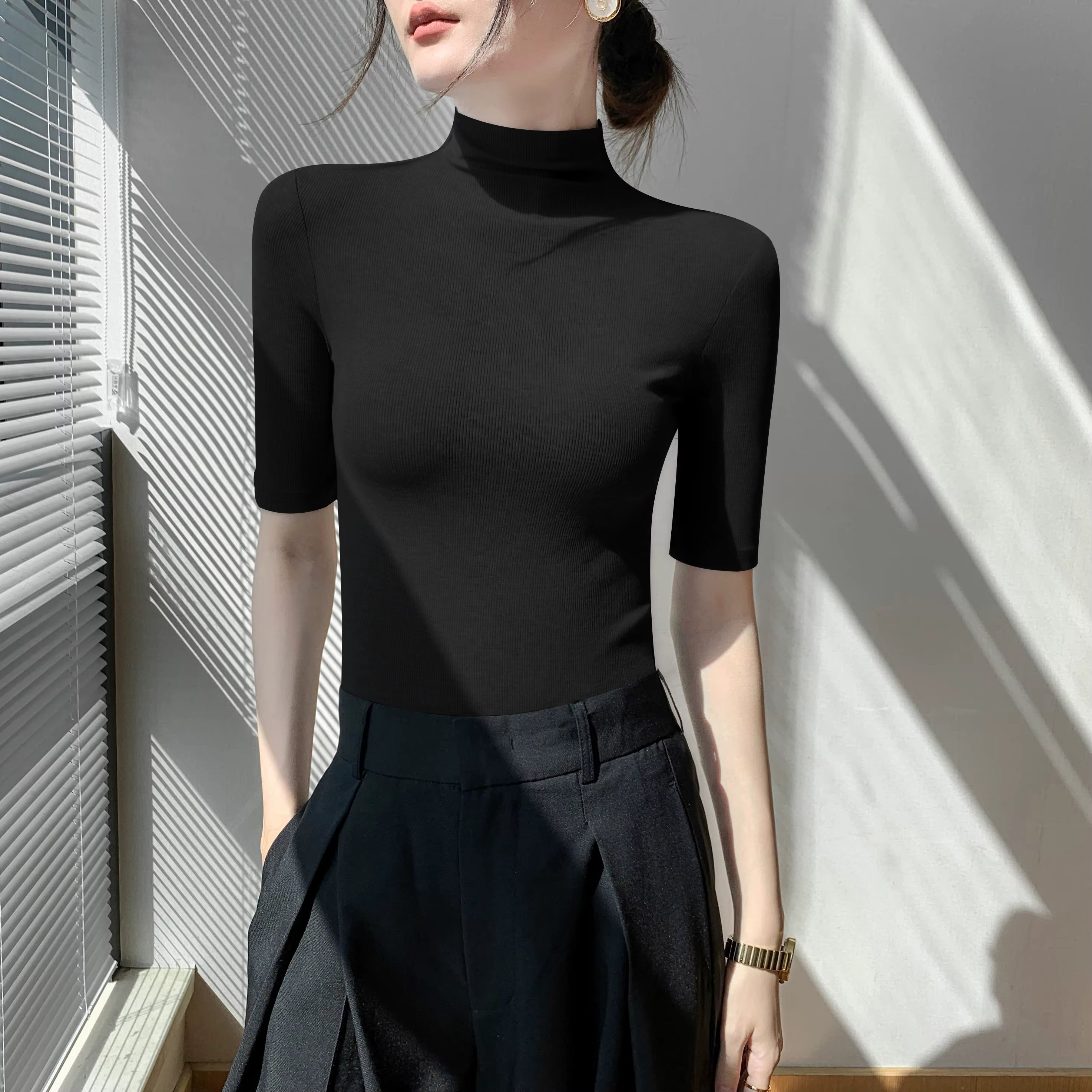 Pull Astronomique à Col Roulé et Manches Courtes pour Femme, Chemise Slim, Noir, Tricot NikDoux, Pri